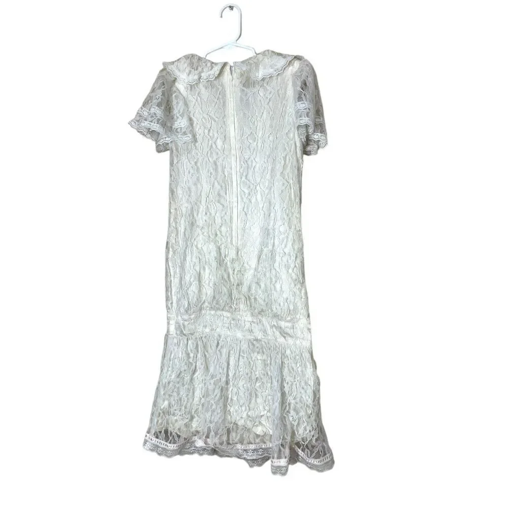 Vintage Jessica McClintock GUNNE SAX White Lace Trim Cottage Prairie Girls Dress